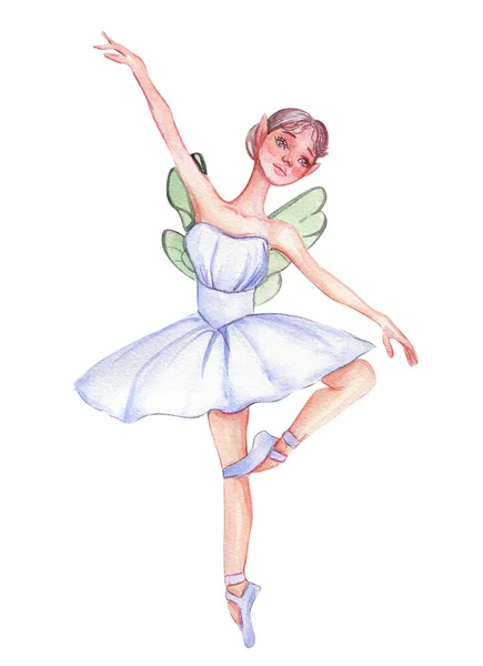 Cartoon Fairy Blue Dress Magic Wings Watercolor Hand Drawn Illustration — Stock Photo, Image