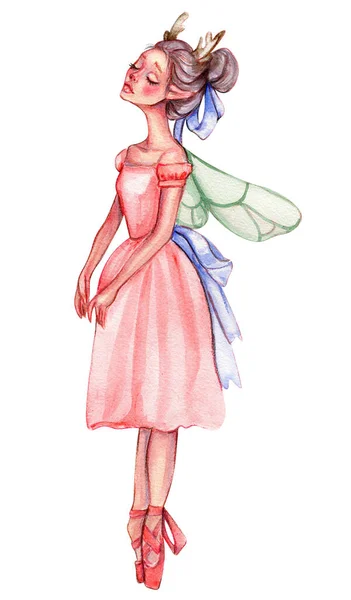 Καρτούν Νεράιδα Ροζ Φόρεμα Μαγικά Φτερά Υδατογραφία Ζωγραφισμένα Στο Χέρι — Φωτογραφία Αρχείου
