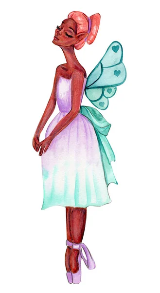 卡通片仙女穿着带有魔法翅膀的薰衣草裙 水彩画手绘插图 婴儿淋浴派对 节日庆祝设计 问候卡 邀请函的设计 — 图库照片