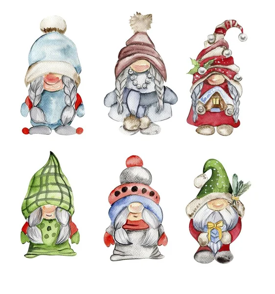 Gnomos Navidad Escandinavos Acuarela Decoración Navidad Personajes Elementos Acuarela Diseño —  Fotos de Stock