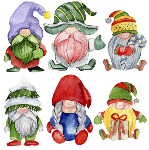 Watercolor Scandinavian Christmas Gnomes Christmas Decoration Characters Watercolor Elements Design — Stock Photo, Image