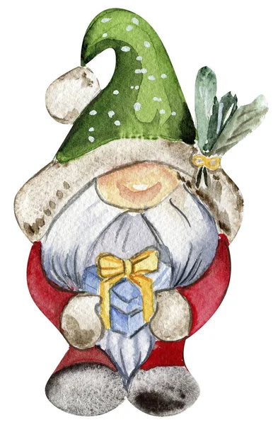 수채화 스칸디나비아 크리스마스 크리스마스 장식과 캐릭터 수채화 케이크 디자인 초대를위한 — 스톡 사진