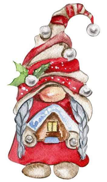 수채화 스칸디나비아 크리스마스 크리스마스 장식과 캐릭터 수채화 케이크 디자인 초대를위한 — 스톡 사진