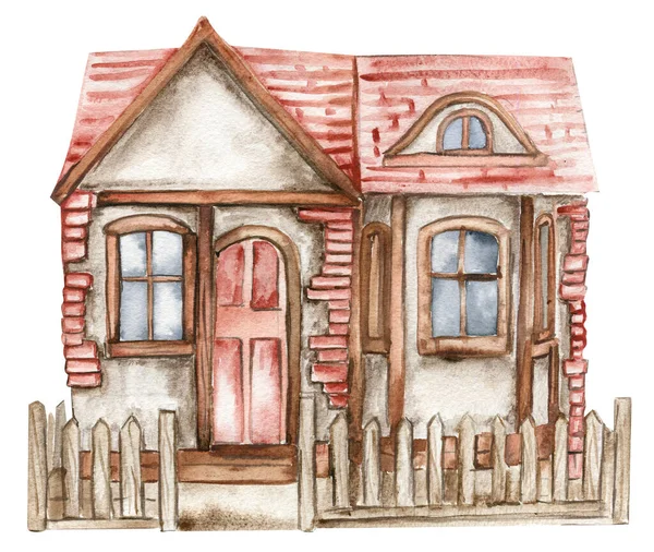 Akvarel Ilustrace Starého Venkovského Dřevěného Domu Starý Rezavý Smaltovaný Prvek — Stock fotografie