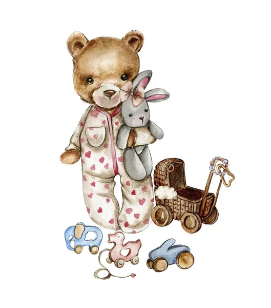 Склад Акварельних Дитячих Іграшок Плюшевого Ведмедя Дитячі Іграшки Дерева Акварельні — стокове фото