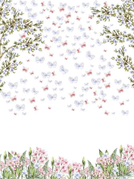 Composição Flores Butterfies Ilustração Desenhada Mão Primavera Perfeito Para Scrapbooking — Fotografia de Stock