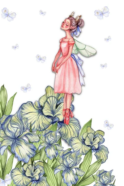 Kompozice Kreslenou Vílou Kouzelnými Křídly Květinami Motýly Akvarel Ručně Kreslené — Stock fotografie