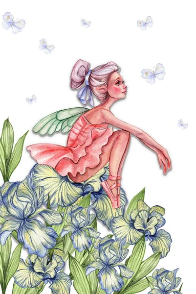 用魔法翅膀 花朵和蝴蝶的卡通仙女作曲 水彩画手绘插图 完美的贺卡 婚宴请柬 派对装饰 — 图库照片