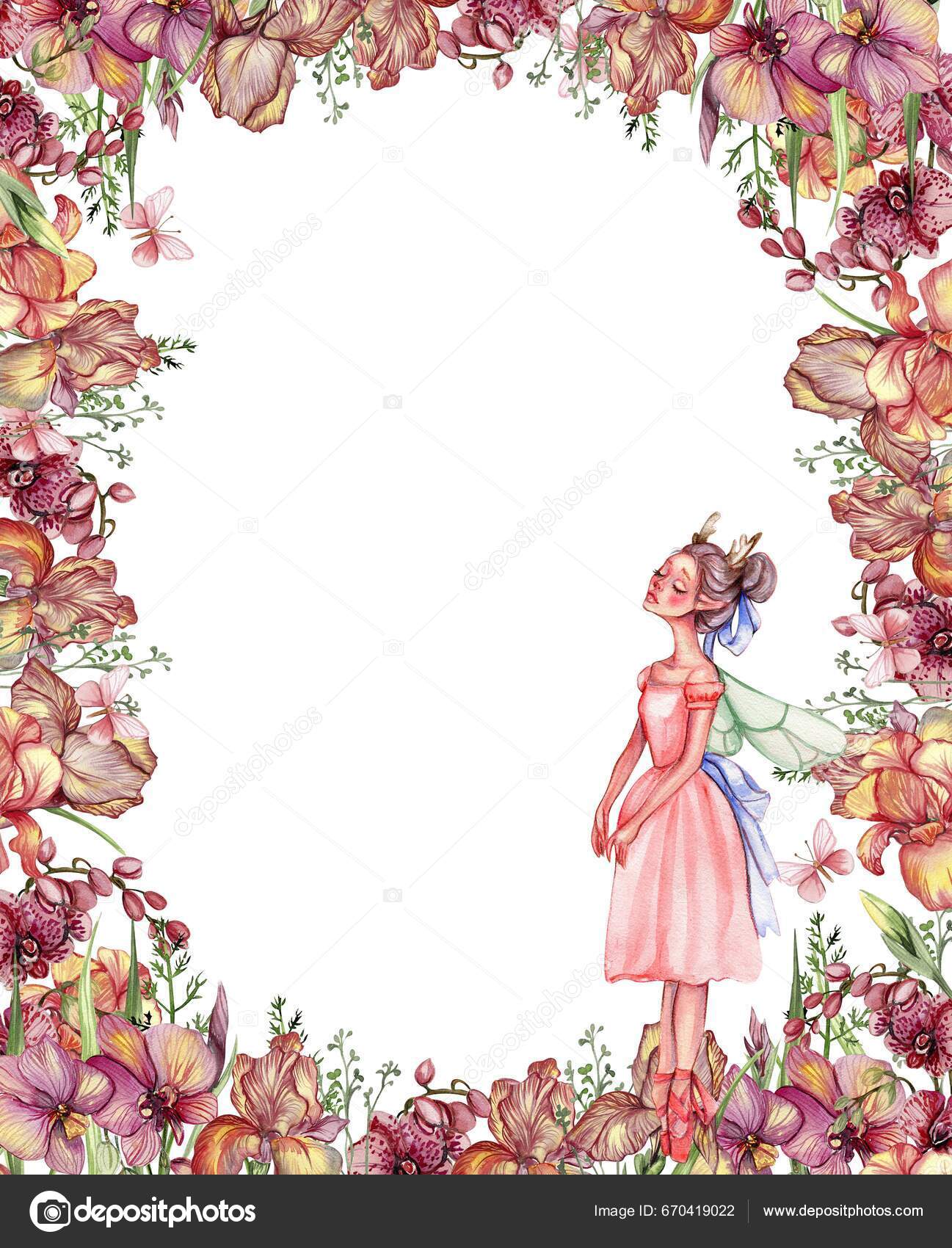 Watercolor square flower frame in cartoon style with a cute girl doll in a  dress. Cartoon