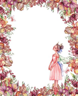 Çiçeklerle dolu suluboya kare bahar bahçesi karikatür şeklinde ve çiçek perisi şeklinde. Çiçeklerle çizilmiş karikatür el. Düğün davetiyesi, çocuk tasarımı, posterler için mükemmel..