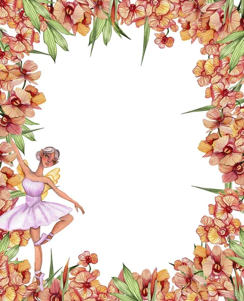 水彩四溢的春天花园 充满了卡通画风格的花朵框架 还有一个花仙 卡通手绘背景与花 完美的婚宴请柬 儿童设计 — 图库照片
