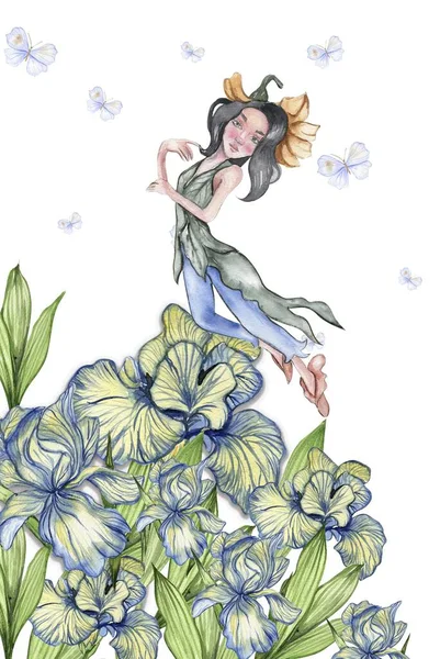 水彩四溢的春天花园 充满了卡通画风格的花朵框架 还有一个花仙 卡通手绘背景与花 完美的婚宴请柬 儿童设计 — 图库照片