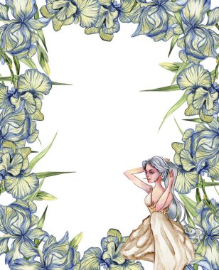 Bir çiçek perisiyle karikatür şeklinde suluboya kare çiçek çerçevesi. Çiçeklerle çizilmiş karikatür el. Düğün davetiyesi, çocuk tasarımı, posterler için mükemmel..