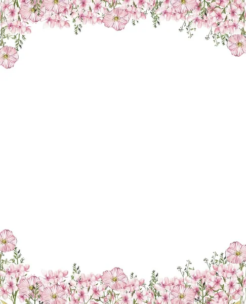 花の正方形のフレームでいっぱいに描かれた水彩の手 スクラップブッキング用水彩イラスト 子供のための花の背景を描いた漫画手 結婚式の招待に最適 — ストック写真