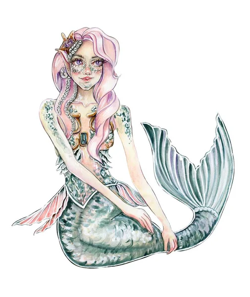 Aquarell Meerjungfrau Aquarell Handgezeichnete Illustration Perfekt Für Kinder Kunstwerke Tapeten — Stockfoto