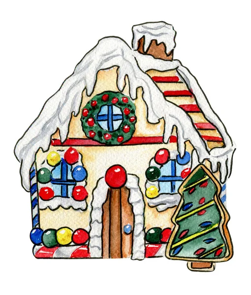 Watercolor Christmas Gingerbread House Christmas Decoration Characters Watercolor Elements Design — Stock Photo, Image