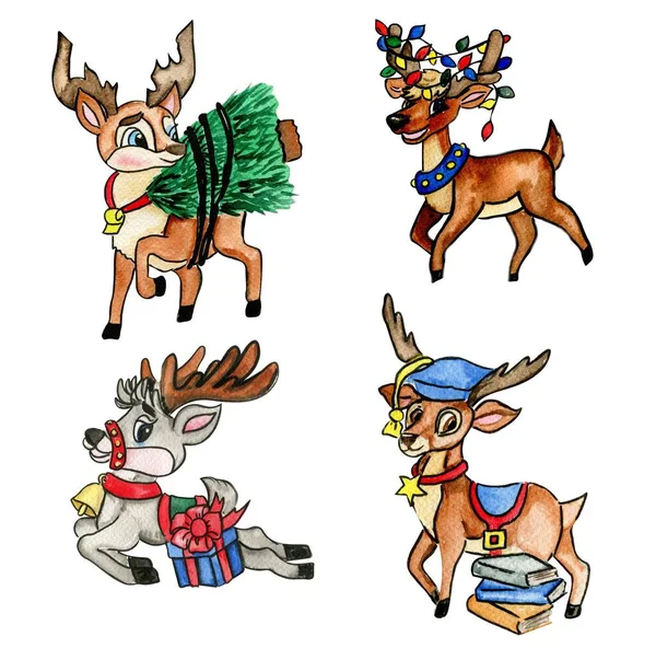 Watercolor Christmas deer. Christmas decoration and characters. Watercolor elements.Design for baby shower party, birthday, cake, holiday celebration design, greetings card, invitation.