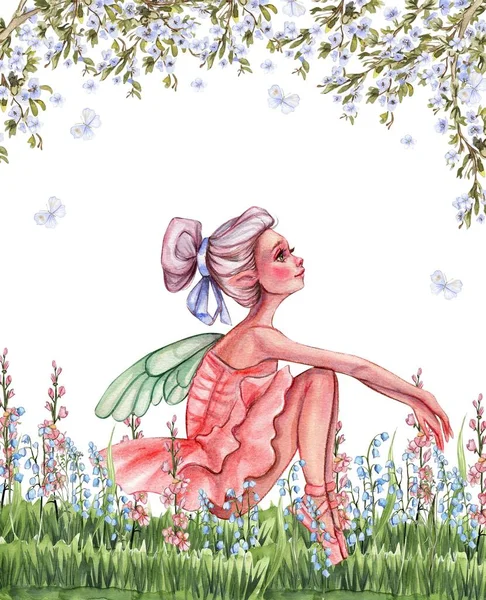 用魔法翅膀 花朵和蝴蝶的卡通仙女作曲 水彩画手绘插图 完美的贺卡 婚宴请柬 派对装饰 — 图库照片
