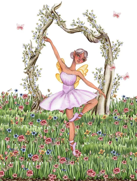 Kompozice Kreslenou Vílou Kouzelnými Křídly Květinami Motýly Akvarel Ručně Kreslené — Stock fotografie