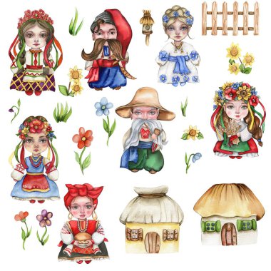 Ulusal Ukrayna kostümü giymiş kız ve erkek cüceler, kır evleri ve çiçekler. Doğum günü partisi için tasarım, pasta, bayram kutlama tasarımı, tebrik kartı, davetiye.