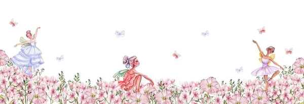 Fond Horizontal Sans Couture Floral Illustration Aquarelle Une Fleur Printemps — Photo