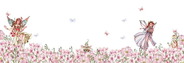 Квітковий Безшовний Горизонтальний Фон Акварельна Ілюстрація Весняних Квітів Ідеально Підходить — стокове фото