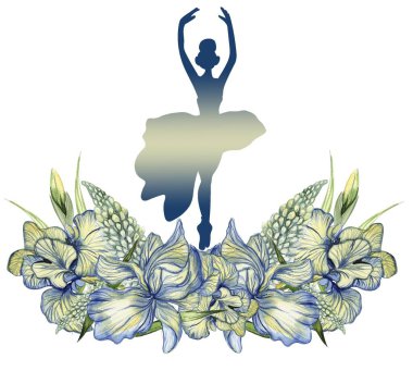 Çiçeklerle dans eden balerin kompozisyonu. El yapımı klasik bale gösterisi, poz. Genç, güzel balerin kadın illüstrasyonu. Poster ve kartpostallar için kullanılabilir..