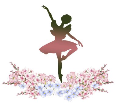Çiçeklerle dans eden balerin kompozisyonu. El yapımı klasik bale gösterisi, poz. Genç, güzel balerin kadın illüstrasyonu. Poster ve kartpostallar için kullanılabilir..