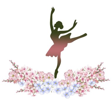 Çiçeklerle dans eden balerin kompozisyonu. El yapımı klasik bale gösterisi, poz. Genç, güzel balerin kadın illüstrasyonu. Poster ve kartpostallar için kullanılabilir..