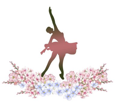 Çiçeklerle dans eden balerin kompozisyonu. El yapımı klasik bale gösterisi, poz. Genç, güzel balerin kadın illüstrasyonu. Poster ve kartpostallar için kullanılabilir..