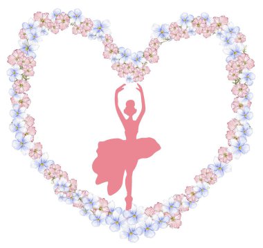 Çiçek kalbindeki dans eden balerin kompozisyonu. El yapımı klasik bale gösterisi, poz. Genç, güzel balerin kadın illüstrasyonu. Poster ve kartpostallar için kullanılabilir..