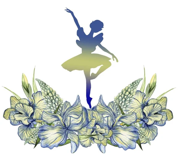 Samenstelling Van Dansende Ballerina Met Bloemen Met Hand Getekend Klassiek — Stockfoto
