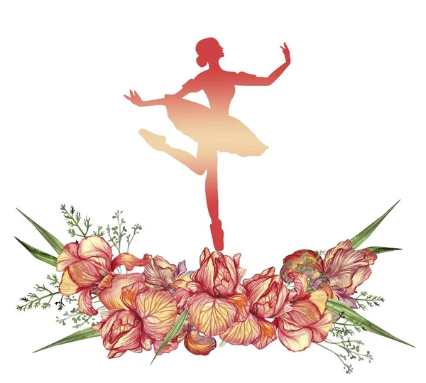 Состав Танцующей Балерины Цветами Ручное Рисование Классического Балетного Спектакля Поза — стоковое фото
