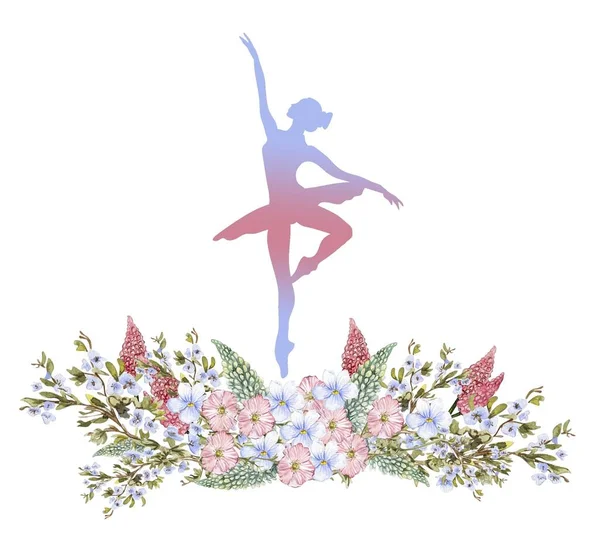 Композиція Танцюючої Балерини Квітами Рука Намальована Класичним Виступом Балету Поза — стокове фото