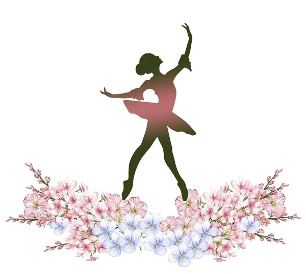 Состав Танцующей Балерины Цветами Ручное Рисование Классического Балетного Спектакля Поза — стоковое фото