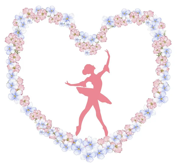 Composition Dancing Ballerina Flower Heart Hand Drawn Classic Ballet Performance — Stock Photo, Image
