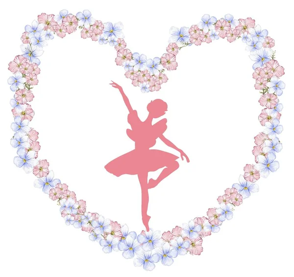 Composition Ballerine Dansante Coeur Fleur Danse Classique Dessinée Main Pose — Photo