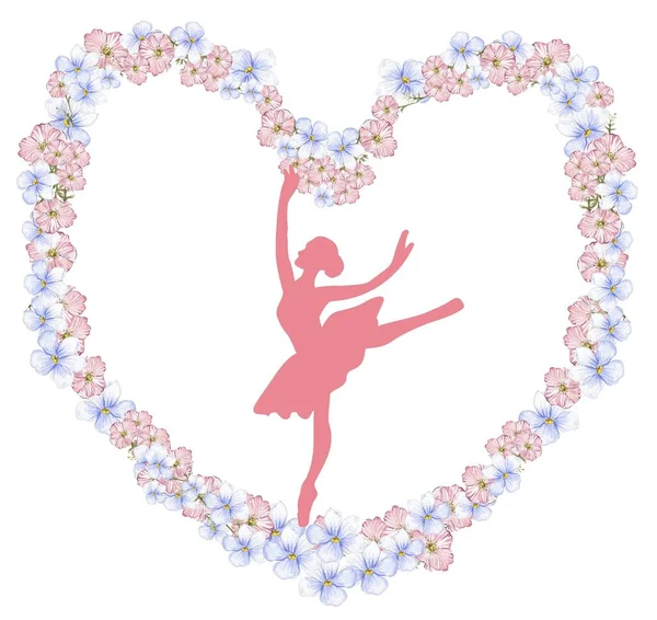 Composition Ballerine Dansante Coeur Fleur Danse Classique Dessinée Main Pose — Photo