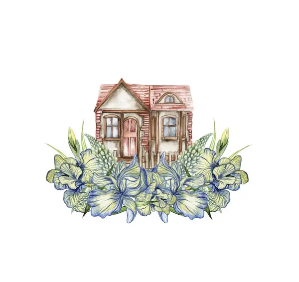 Composición Acuarela Una Antigua Granja Madera Flores Ilustración Dibujada Mano — Foto de Stock
