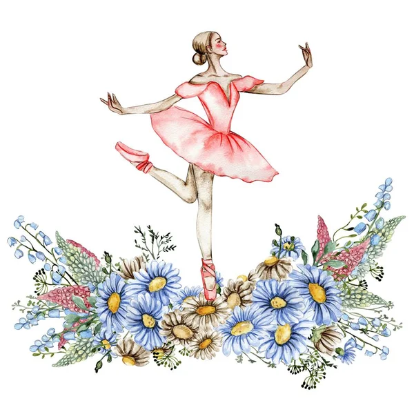 舞蹈芭蕾舞演员与花的组合 手绘经典芭蕾舞表演 摆姿势 年轻漂亮的芭蕾舞演员的例子 可用于明信片和海报 — 图库照片