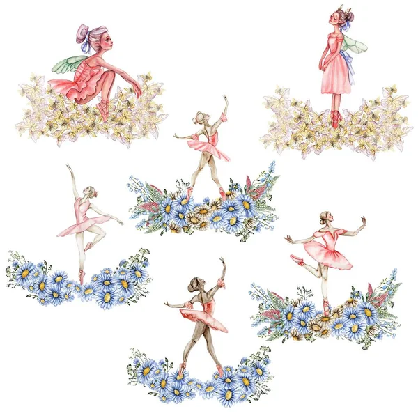Složení Baletky Květinami Ručně Kreslený Klasický Baletní Výkon Póza Mladá — Stock fotografie