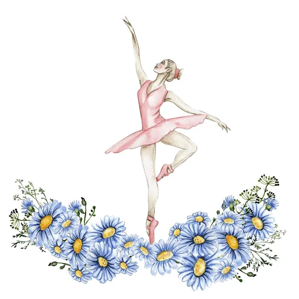 Composição Bailarina Dançando Com Flores Desempenho Balé Clássico Desenhado Mão — Fotografia de Stock