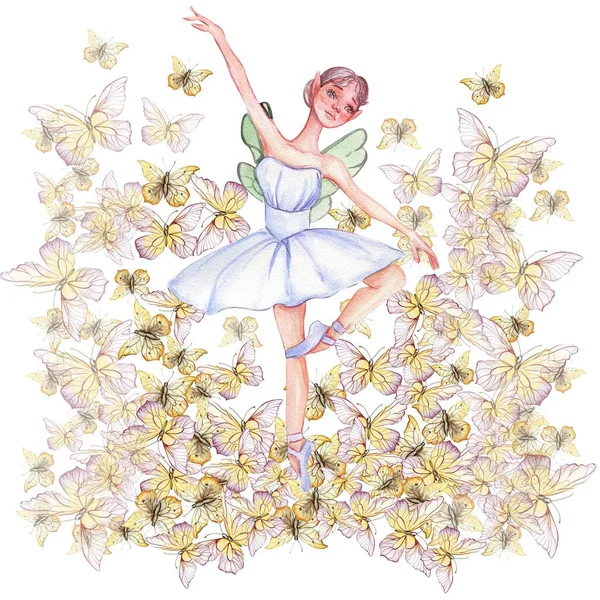 与蝴蝶共舞的芭蕾舞演员的组成 手绘经典芭蕾舞表演 摆姿势 年轻漂亮的芭蕾舞演员的例子 可用于明信片和海报 — 图库照片
