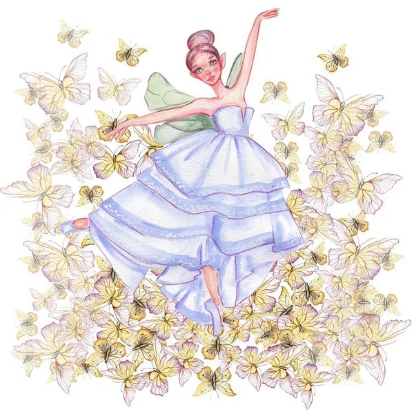 Složení Baletky Motýly Ručně Kreslený Klasický Baletní Výkon Póza Mladá — Stock fotografie