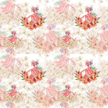 Dans eden balerin ile kusursuz bir desen. Bahar çiçekleri, kelebekler ve peri baleriniyle el çizimi. Tekstil ve dekor için kullanılabilir. Arkaplan olarak kullanılabilir.