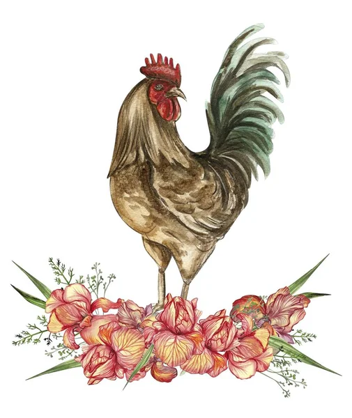 水彩花和公鸡组合 一个农场的手绘图解 完美的婚宴请柬 问候卡 — 图库照片