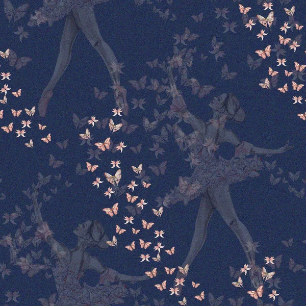 Бесшовный Рисунок Танцующей Балериной Ручная Иллюстрация Акварелью Весенними Цветами Бабочками — стоковое фото