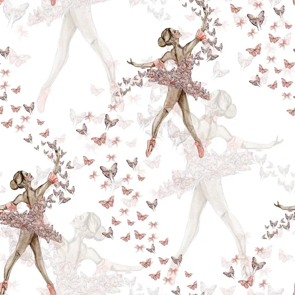 Seamless Pattern Dancing Ballerina Watercolor Handdrawn Illustration Spring Flowers Butterflies — Stock Photo, Image