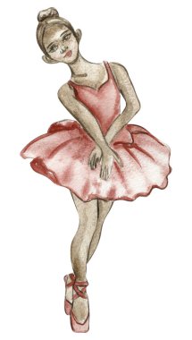 Pembe elbiseli suluboya balerin kız. Oldukça küçük bir balerin. Suluboya el çizimi çizimi. Tebrik kartları ya da posterler için kullanılabilir.
