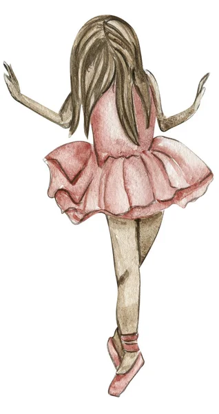 Akvarell Ballerina Flicka Rosa Klänning Ganska Liten Ballerina Akvarell Handritad — Stockfoto